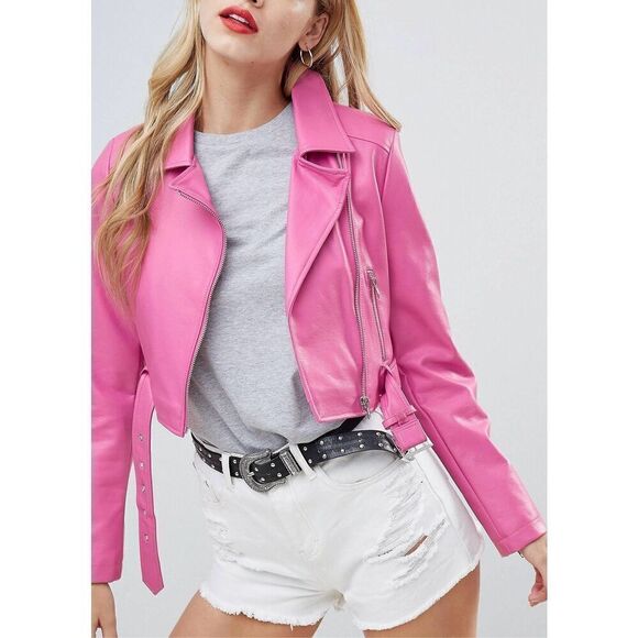 ASOS DESIGN Leather Look Biker Pink Faux Leather Jacket size 12 - Picture 1 of 15